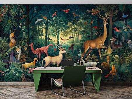 Orman Geyik Kuş Duvar Kağıdı Baskı