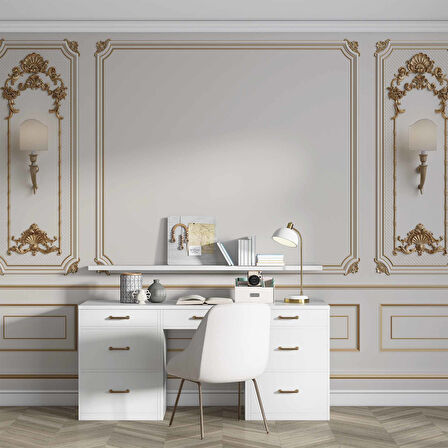3D Beyaz Sütun Altın Motif Panel Duvar Kağıdı Baskı