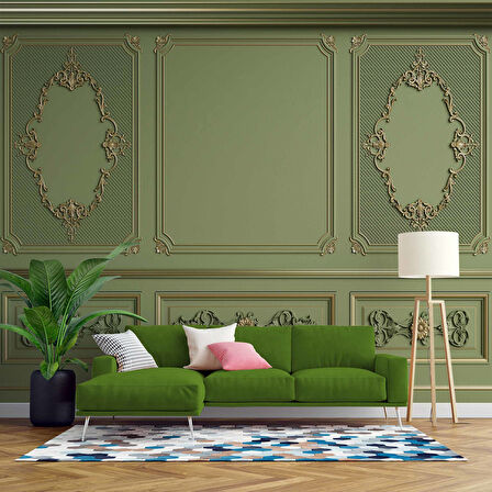 3D Yeşil Panel Altın Motif Duvar Kağıdı Baskı