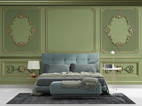 3D Yeşil Panel Altın Motif Duvar Kağıdı Baskı