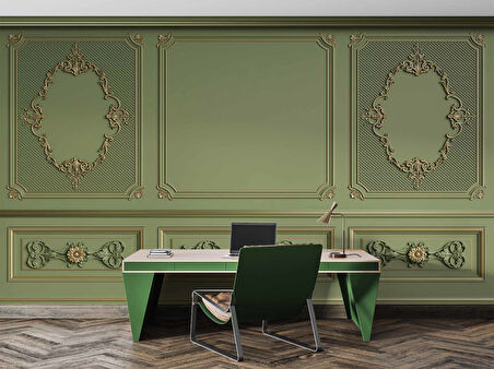 3D Yeşil Panel Altın Motif Duvar Kağıdı Baskı