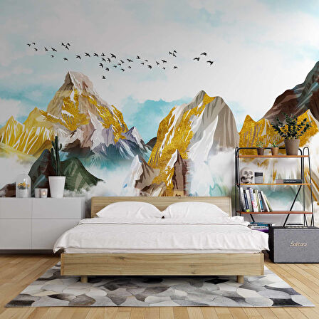 Dağ Gökyüzü ve Kuş Çizimi Duvar Kağıdı Baskı