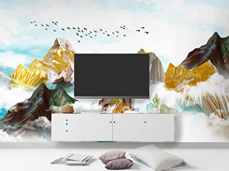 Dağ Gökyüzü ve Kuş Çizimi Duvar Kağıdı Baskı