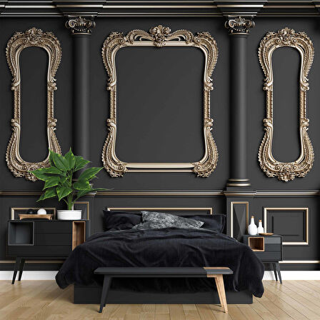 3D Siyah Sütun Altın Çerçeve Motif Duvar Kağıdı Baskı