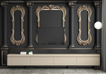 3D Siyah Sütun Altın Çerçeve Motif Duvar Kağıdı Baskı