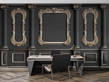 3D Siyah Sütun Altın Çerçeve Motif Duvar Kağıdı Baskı