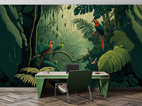 Orman ve Papağan Duvar Kağıdı Baskı