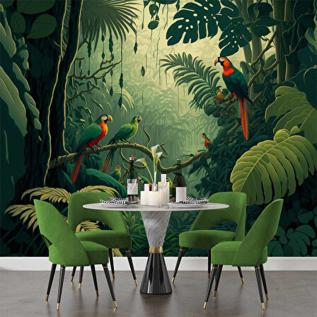 Orman ve Papağan Duvar Kağıdı Baskı