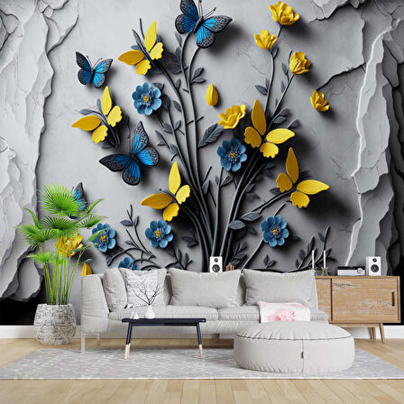 Sarı ve Lacivert Kelebek Duvar Kağıdı Baskı