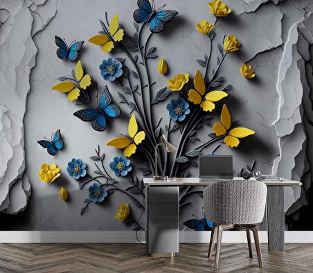 Sarı ve Lacivert Kelebek Duvar Kağıdı Baskı