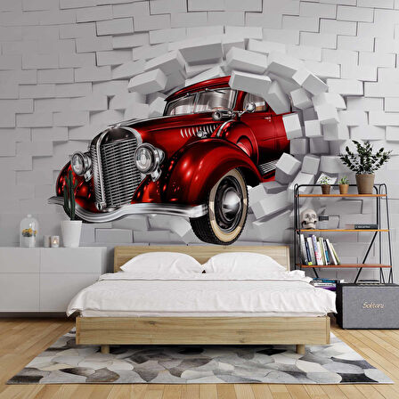 3D Taş Duvar ve Araba Duvar Kağıdı Baskı