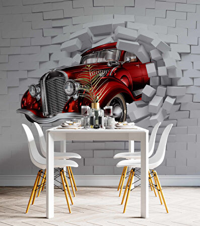 3D Taş Duvar ve Araba Duvar Kağıdı Baskı