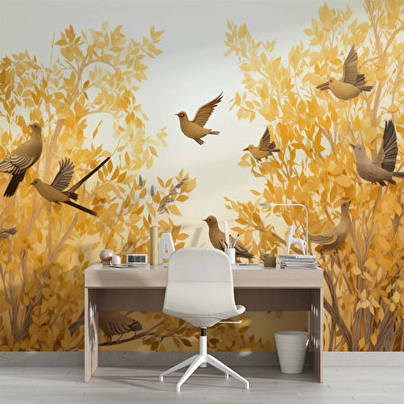 Sonbahar Yaprak ve Kuş Duvar Kağıdı Baskı