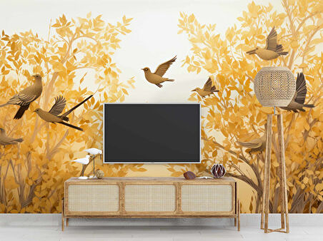 Sonbahar Yaprak ve Kuş Duvar Kağıdı Baskı