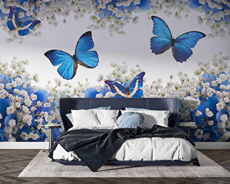 Mavi Beyaz Çiçek ve Kelebek Duvar Kağıdı Baskı