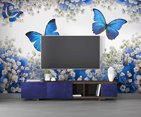 Mavi Beyaz Çiçek ve Kelebek Duvar Kağıdı Baskı