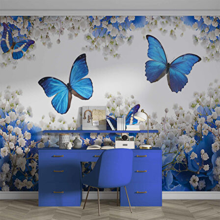 Mavi Beyaz Çiçek ve Kelebek Duvar Kağıdı Baskı