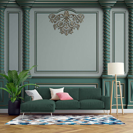 3D Altın Sütun Yeşil Panel Duvar Kağıdı Baskı