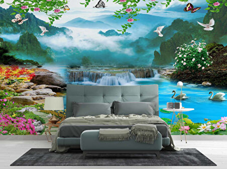 Şelale Kuş ve Kuğu Manzaralı Duvar Kağıdı Bask