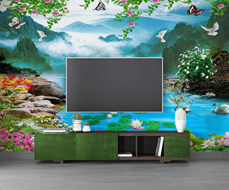 Şelale Kuş ve Kuğu Manzaralı Duvar Kağıdı Bask