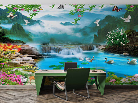 Şelale Kuş ve Kuğu Manzaralı Duvar Kağıdı Bask