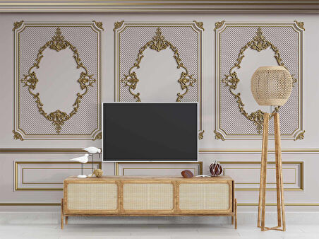 3D Altın Motif Beyaz Panel Duvar Kağıdı Baskı