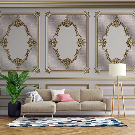 3D Altın Motif Beyaz Panel Duvar Kağıdı Baskı