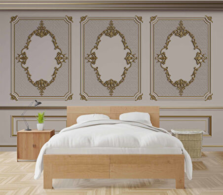 3D Altın Motif Beyaz Panel Duvar Kağıdı Baskı