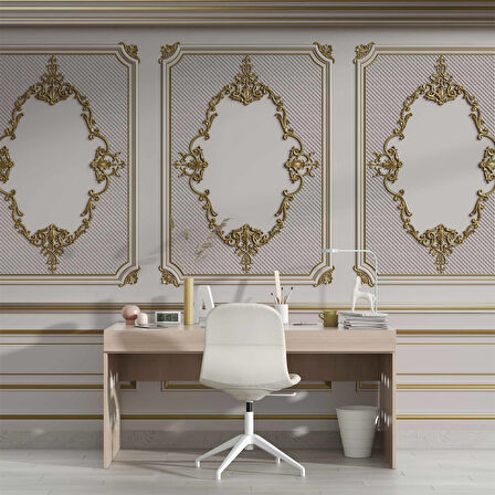 3D Altın Motif Beyaz Panel Duvar Kağıdı Baskı