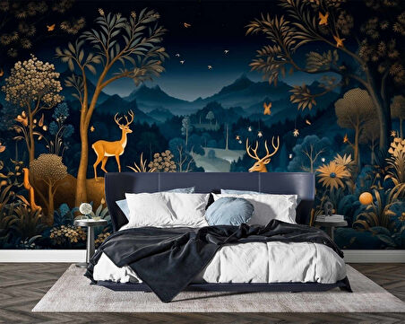 Lacivert Karanlık Orman ve Geyik Manzaralı Duvar Kağıdı Baskı