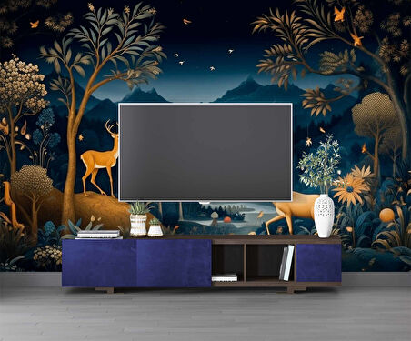 Lacivert Karanlık Orman ve Geyik Manzaralı Duvar Kağıdı Baskı