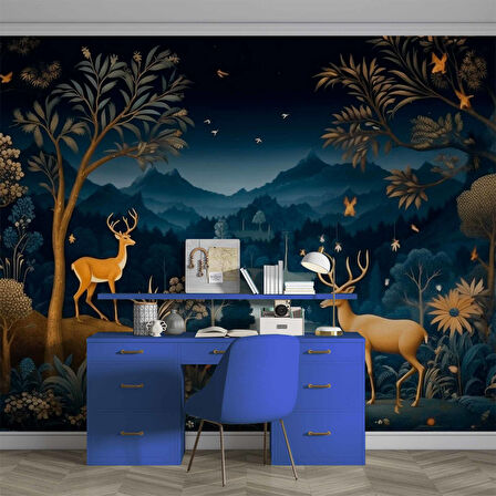 Lacivert Karanlık Orman ve Geyik Manzaralı Duvar Kağıdı Baskı