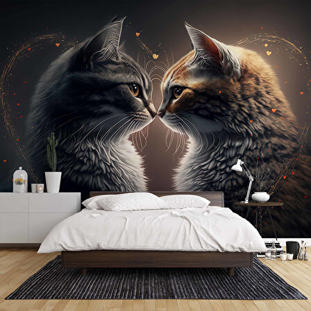 Sevgi Dolu Kedi Temalı Duvar Kağıdı Baskı