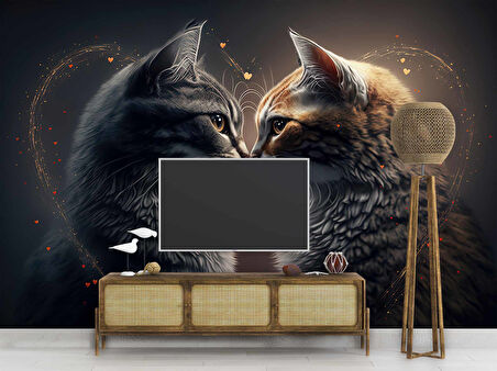 Sevgi Dolu Kedi Temalı Duvar Kağıdı Baskı