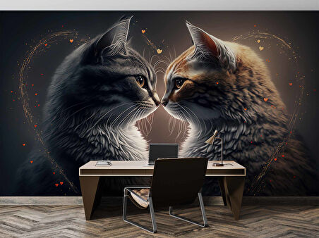 Sevgi Dolu Kedi Temalı Duvar Kağıdı Baskı