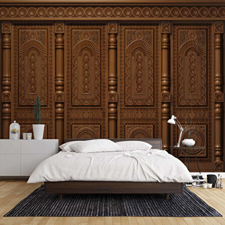 3D Kabartma Motifli Ahşap Panel Duvar Kağıdı Baskı