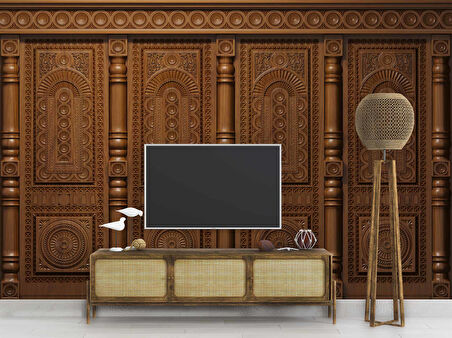 3D Kabartma Motifli Ahşap Panel Duvar Kağıdı Baskı
