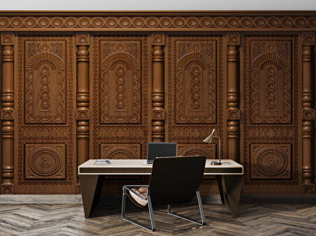3D Kabartma Motifli Ahşap Panel Duvar Kağıdı Baskı