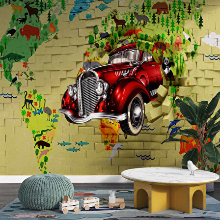 3D Taş Duvar Araba Harita Duvar Kağıdı Baskı