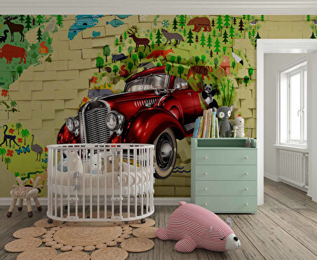 3D Taş Duvar Araba Harita Duvar Kağıdı Baskı