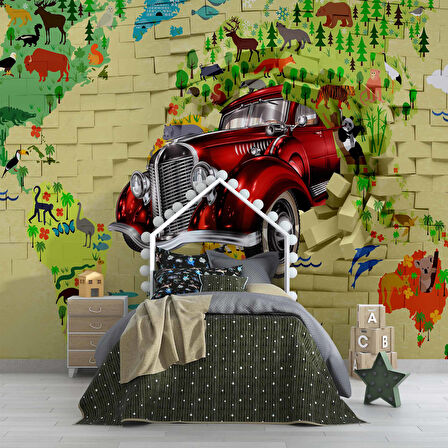 3D Taş Duvar Araba Harita Duvar Kağıdı Baskı