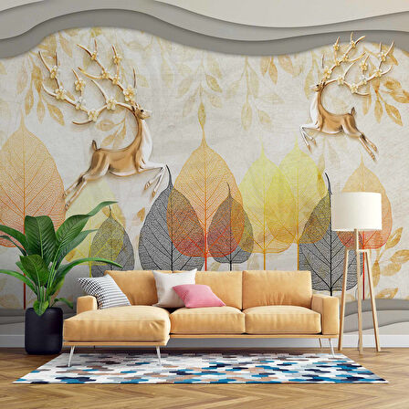 3D Kabartma Geyik ve Yaprak Temalı Duvar Kağıdı Baskı