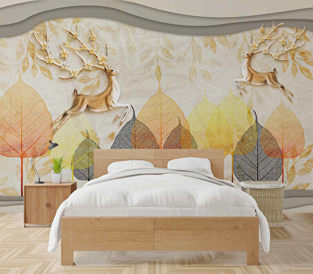 3D Kabartma Geyik ve Yaprak Temalı Duvar Kağıdı Baskı