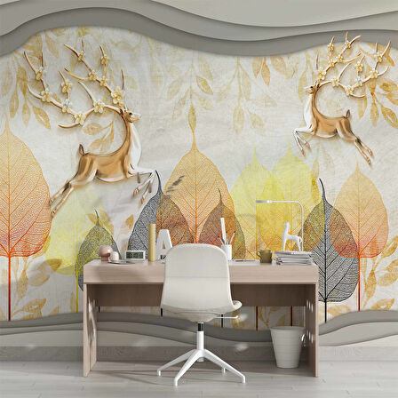 3D Kabartma Geyik ve Yaprak Temalı Duvar Kağıdı Baskı