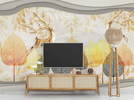 3D Kabartma Geyik ve Yaprak Temalı Duvar Kağıdı Baskı