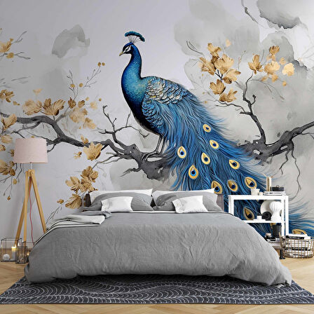 Tavuskuşu Ağaç ve Yaprak Temalı Duvar Kağıdı Baskı