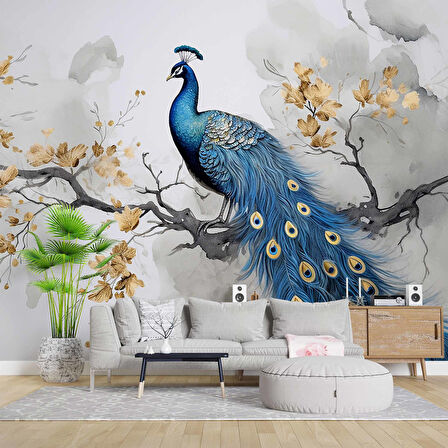 Tavuskuşu Ağaç ve Yaprak Temalı Duvar Kağıdı Baskı