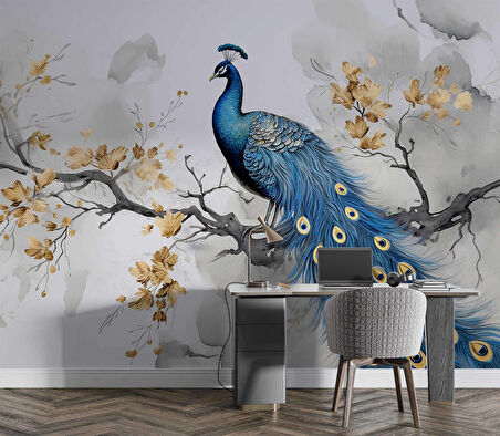 Tavuskuşu Ağaç ve Yaprak Temalı Duvar Kağıdı Baskı