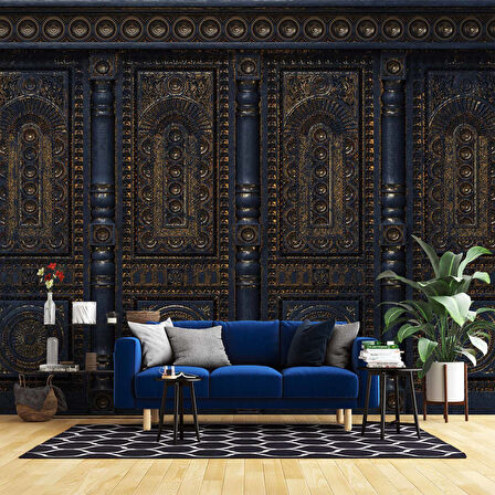 3 Boyutlu Altın Motif Lacivert Panel Duvar Kağıdı Baskı