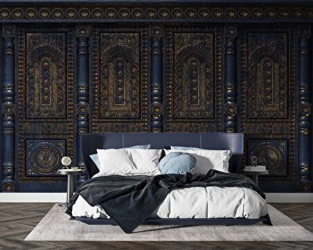 3 Boyutlu Altın Motif Lacivert Panel Duvar Kağıdı Baskı